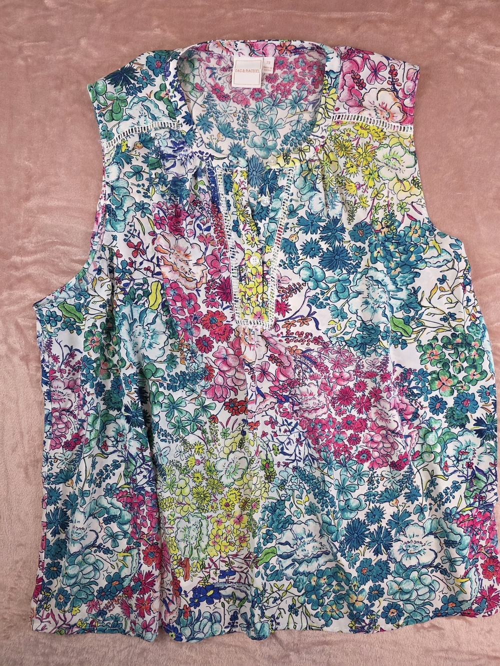 Zac & Rachel Floral Lace-Trim Sleeveless Top - Blue, Pink, Green, Yellow